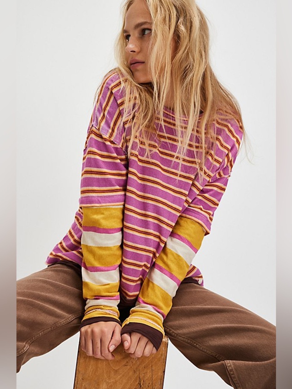 NWOT! Free People We The Free Nina Stripe Long Sleeve Tee Sz Large